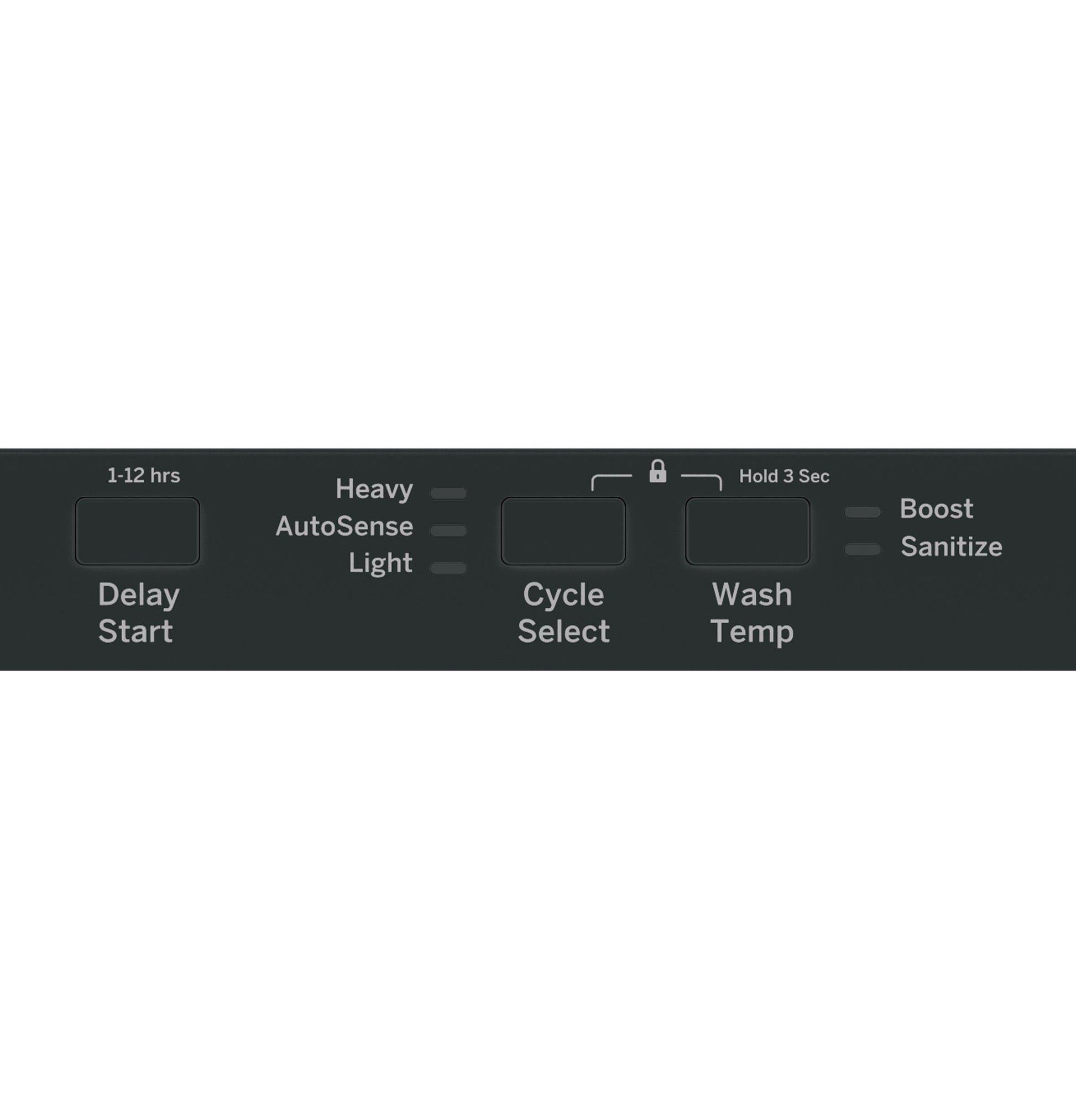 Control panel close-up showing cycle select, wash temp, delay start, and sanitize options on black dishwasher control panel