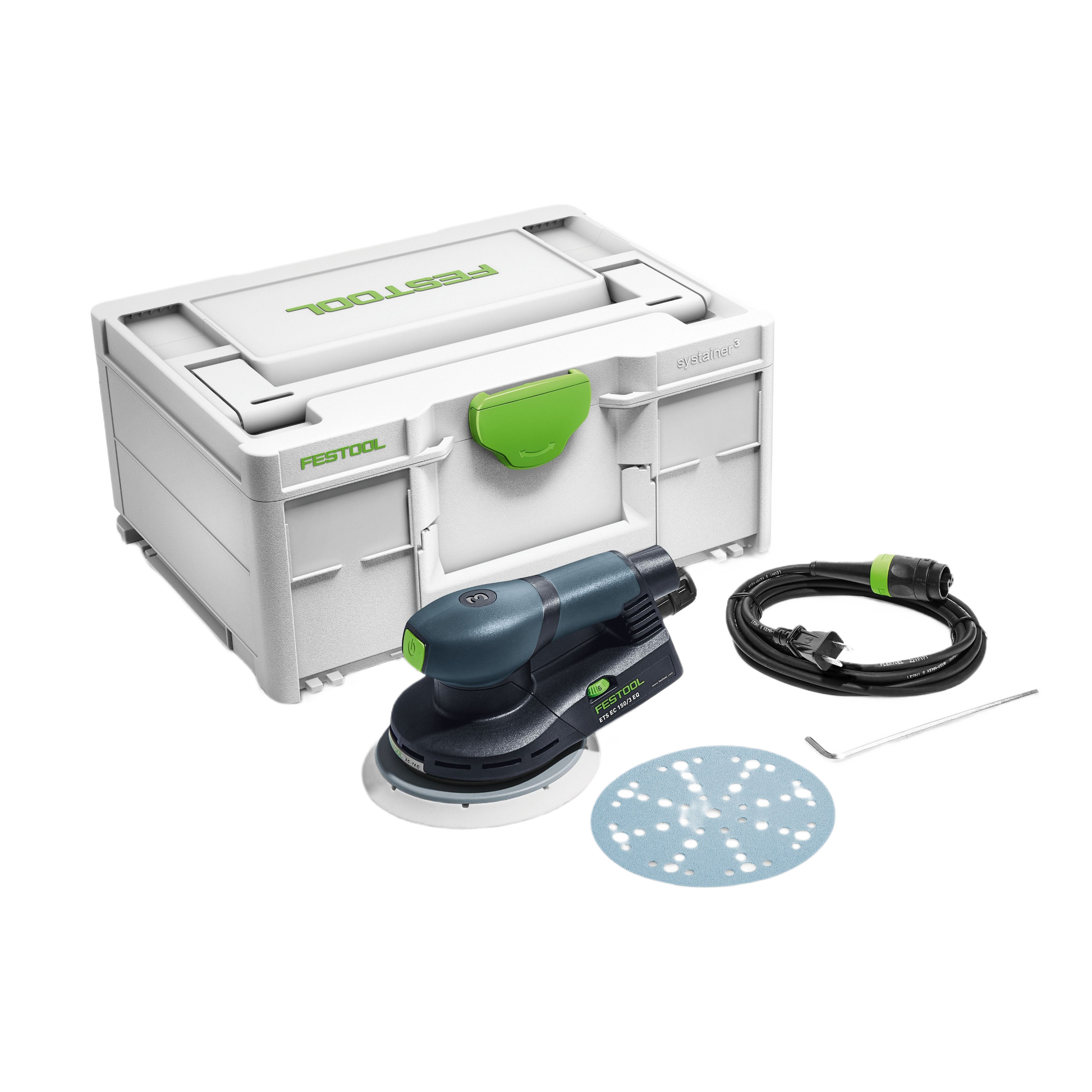 Festool random orbit sander with cord, sanding disc, and carrying case for power tools and home improvement use