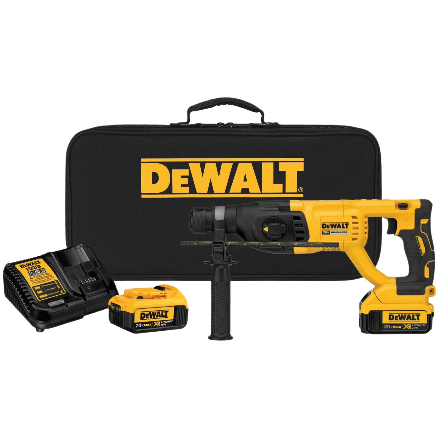 Yellow and black cordless rotary hammer drill kit with battery charger and carrying case for home improvement projects