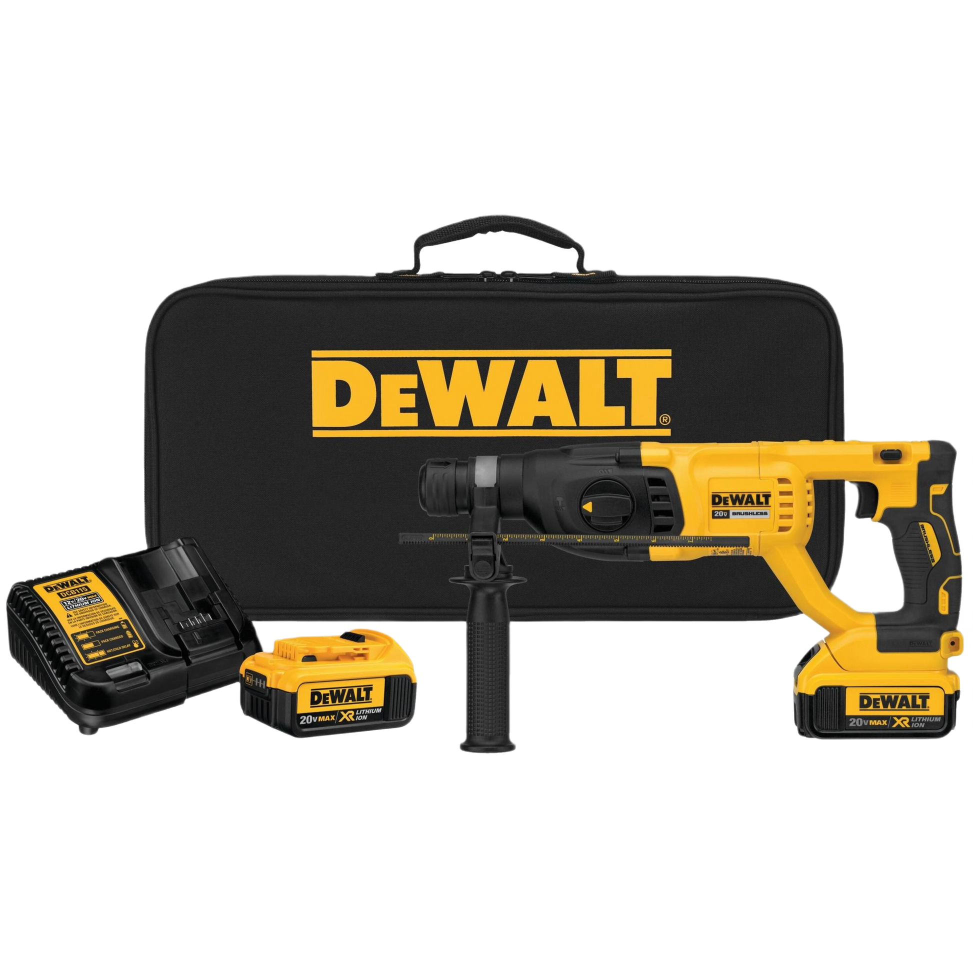 Yellow and black cordless rotary hammer drill kit with battery charger and carrying case for home improvement projects