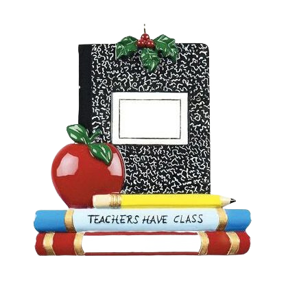 Black and white composition book ornament with red apple, pencil, and colorful books from Christmas decorations collection