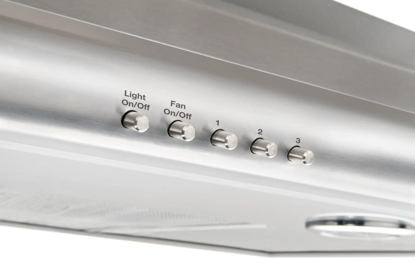 Stainless steel range hood control panel with light and fan switches for kitchen and appliance collections