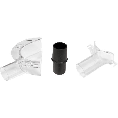 Clear plastic dust collection hood parts with a black connector for woodworking routers in Bosch tools collection