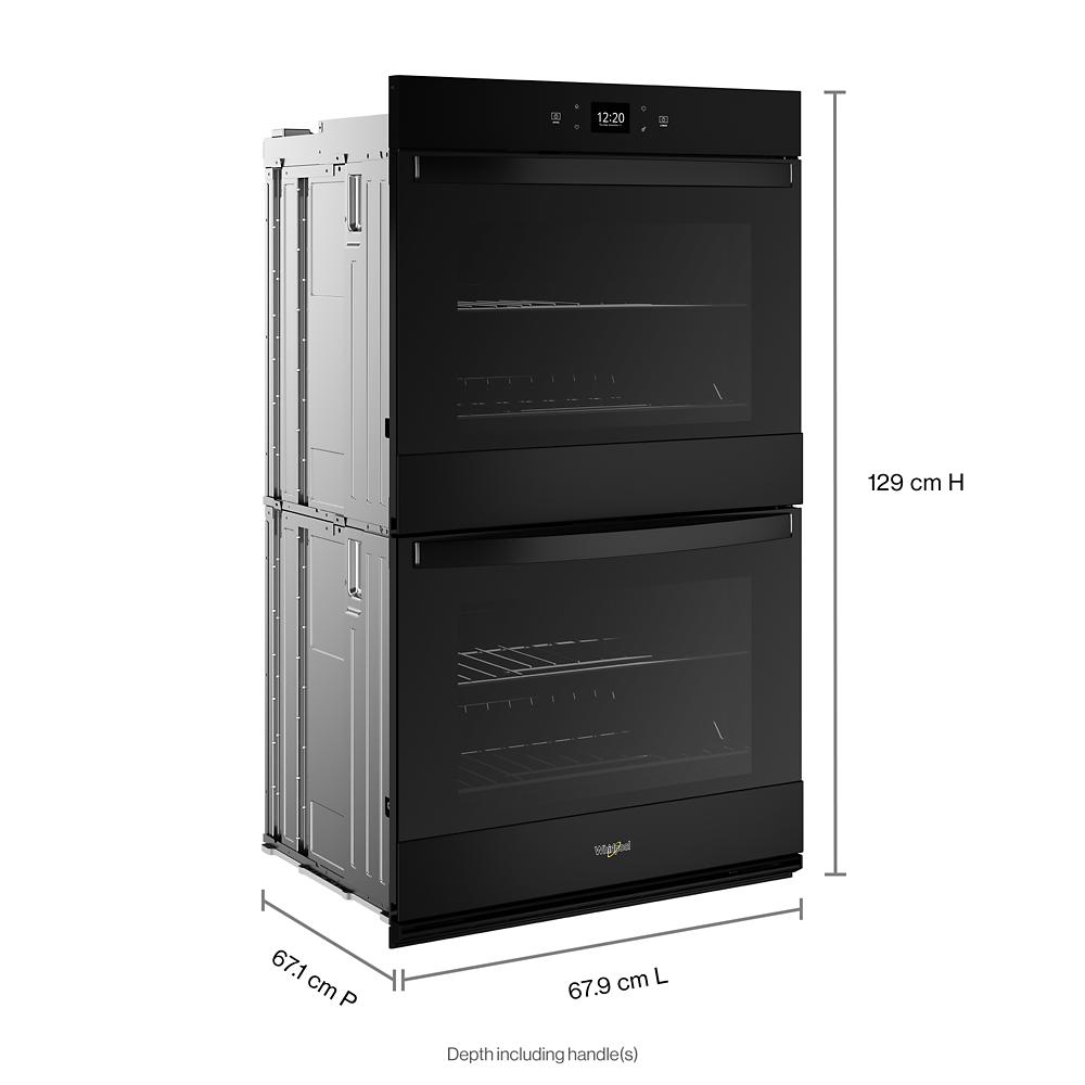 Black double wall oven with digital display and glass doors showing interior racks with installation dimensions guide