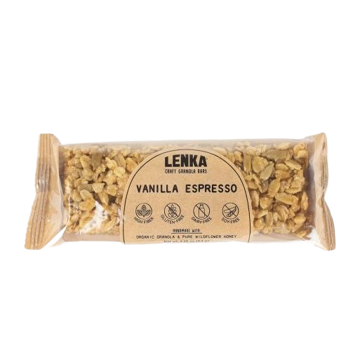 Lenka Vanilla Espresso granola bar in transparent wrapper for chips and snacks under $50 food and beverage collections