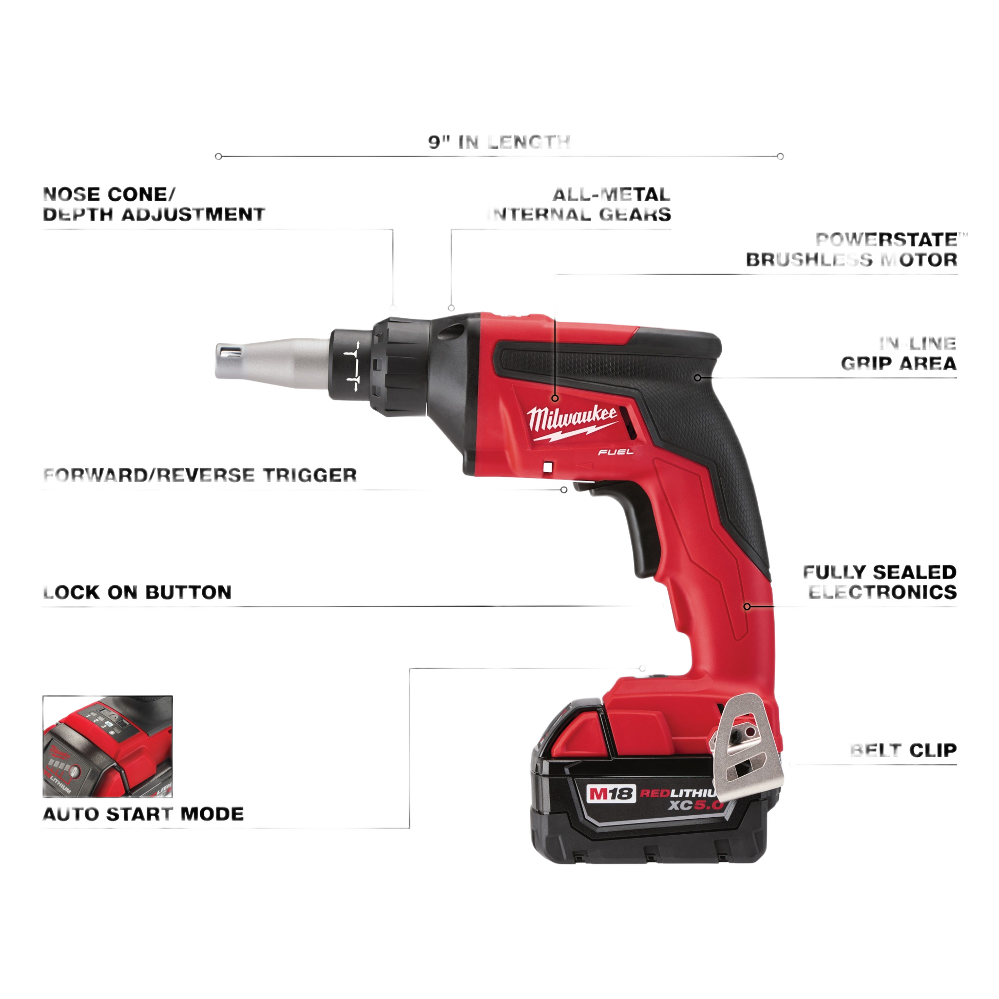 Red and black cordless drywall screw gun with brushless motor and adjustable depth for tools and home improvement projects
