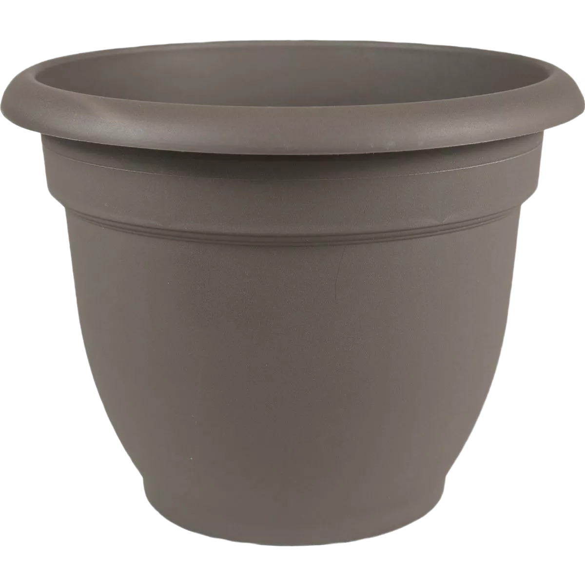 Charcoal plastic self-watering planter with wide rim, designed for convenient indoor or outdoor gardening use