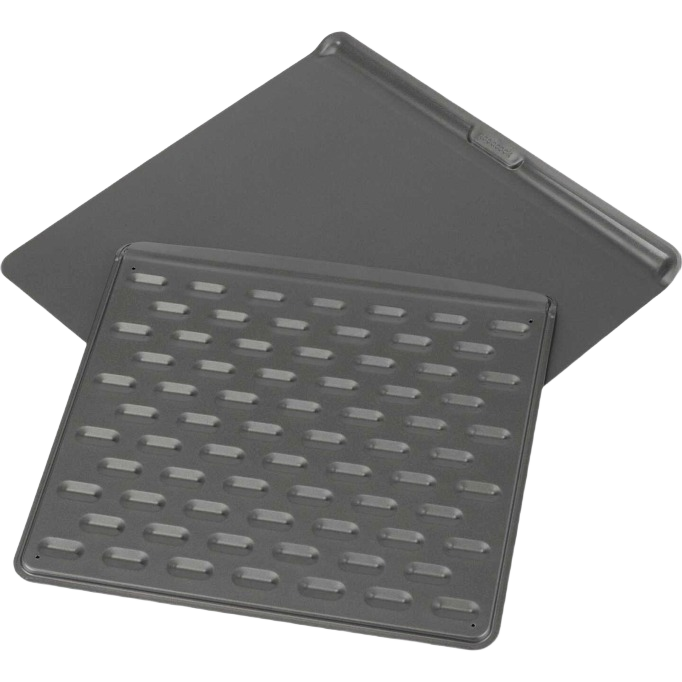 Set of two dark gray non-stick cookie sheets with air vents for even baking in home cooking tasks