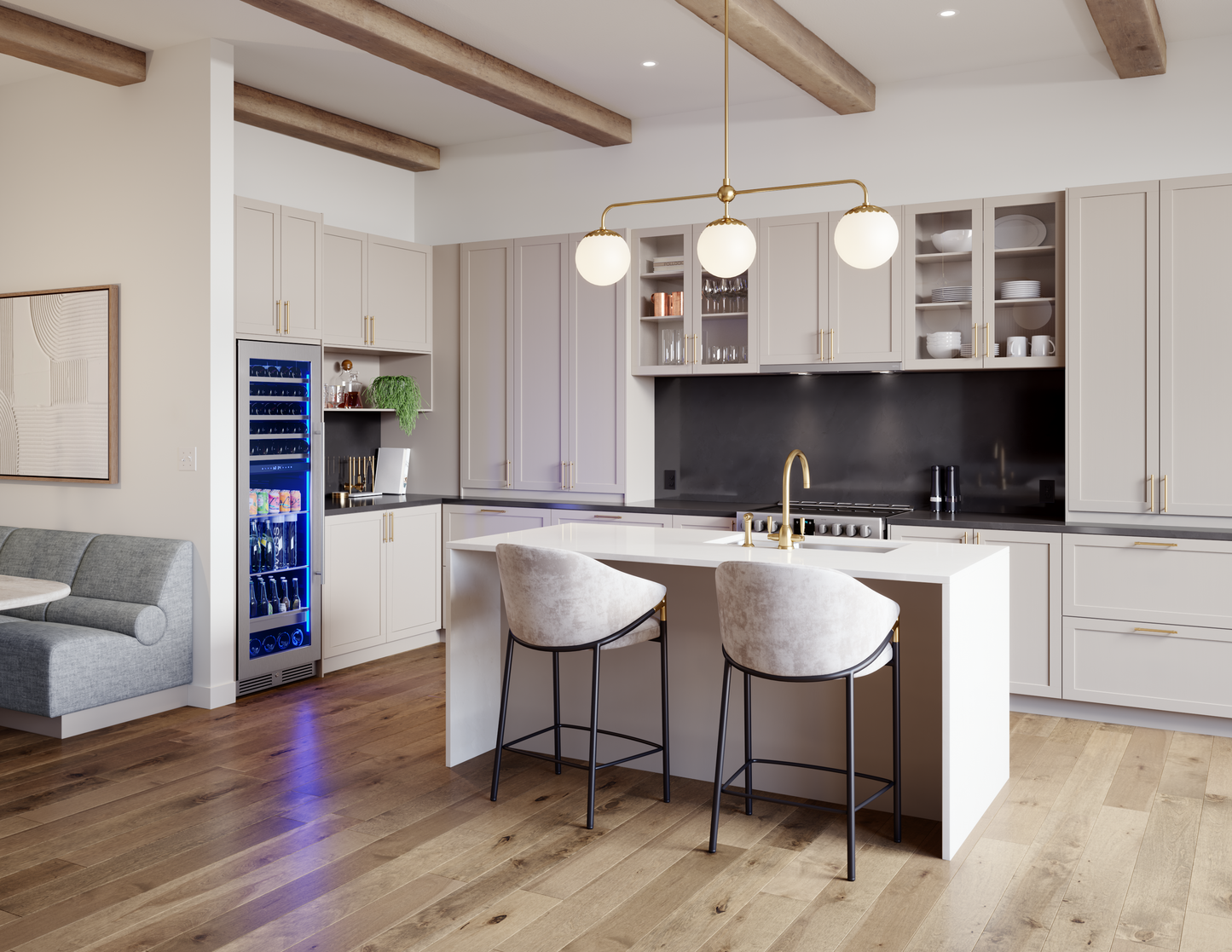 Modern kitchen with under counter beverage center, neutral cabinetry, hardwood floors, and a white island with seating from Appliances collection