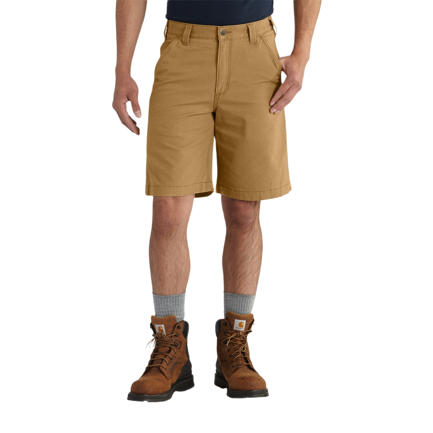 Men's relaxed fit tan Rigby dungaree work shorts in cotton-spandex canvas with Rugged Flex stretch for durability and comfort