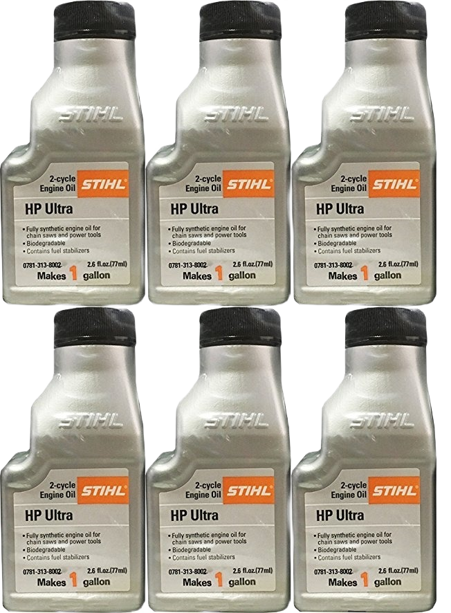 Six bottles of STIHL synthetic 2-cycle engine oil for chainsaws and power tools in silver containers with black caps.