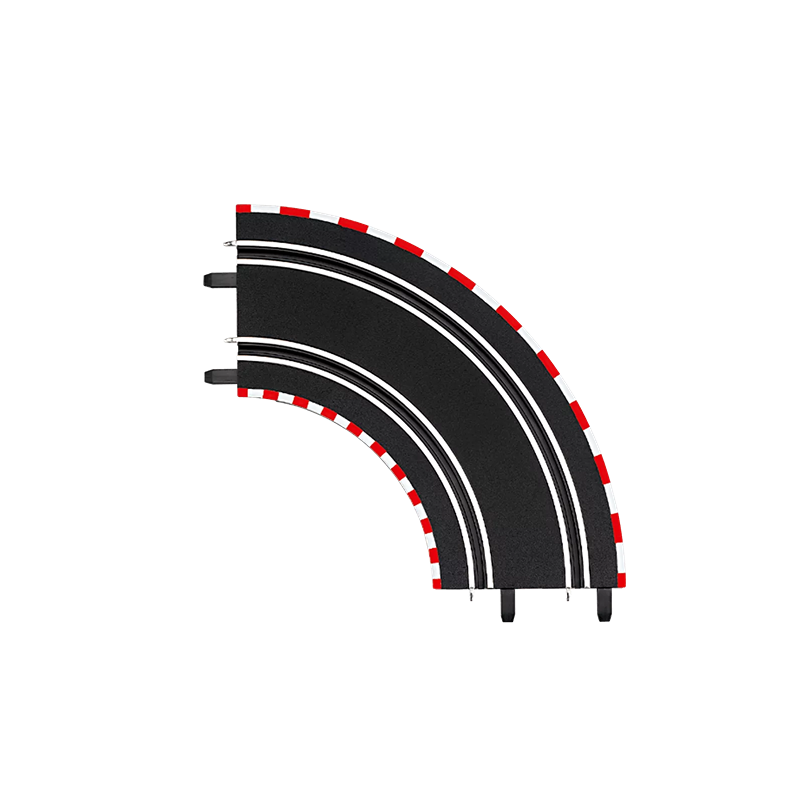 Black 90-degree curved slot car track piece with red and white edging for toy racing sets and remote-controlled vehicles collections