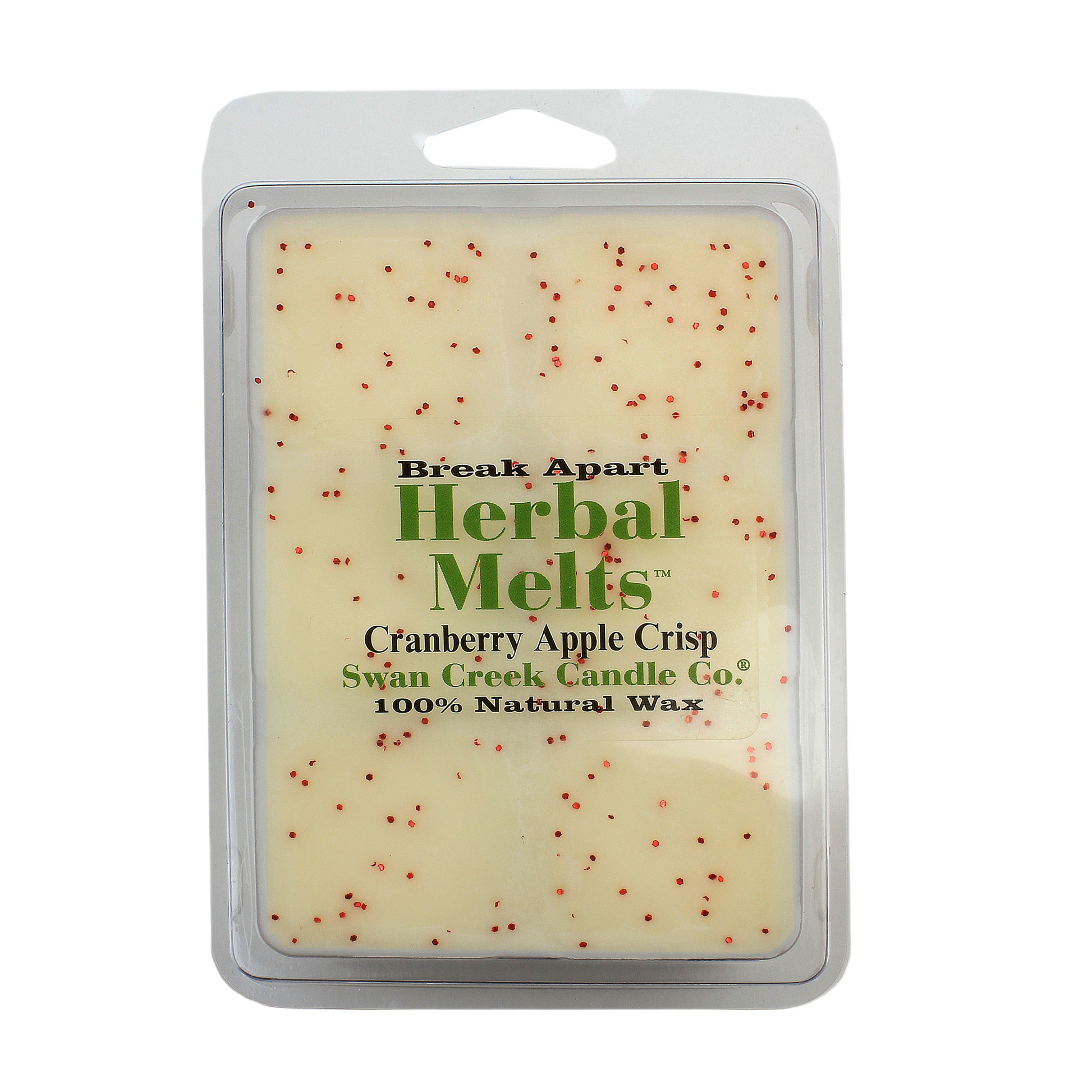 White wax melts with red speckles in clear clamshell packaging for home fragrance use