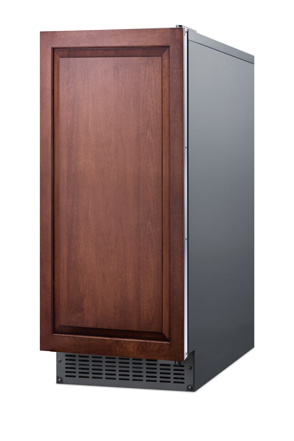 Outdoor-ready clear ice maker with wood panel front and black vent, part of ice makers and kitchen appliances collection
