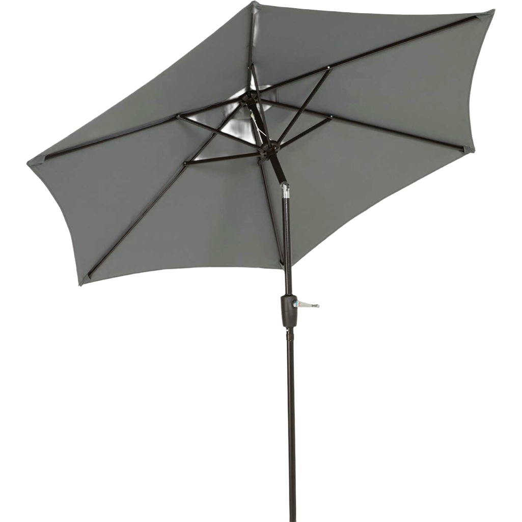 Gray aluminum patio umbrella with crank and tilt features for patio furniture and outdoor living spaces under $100
