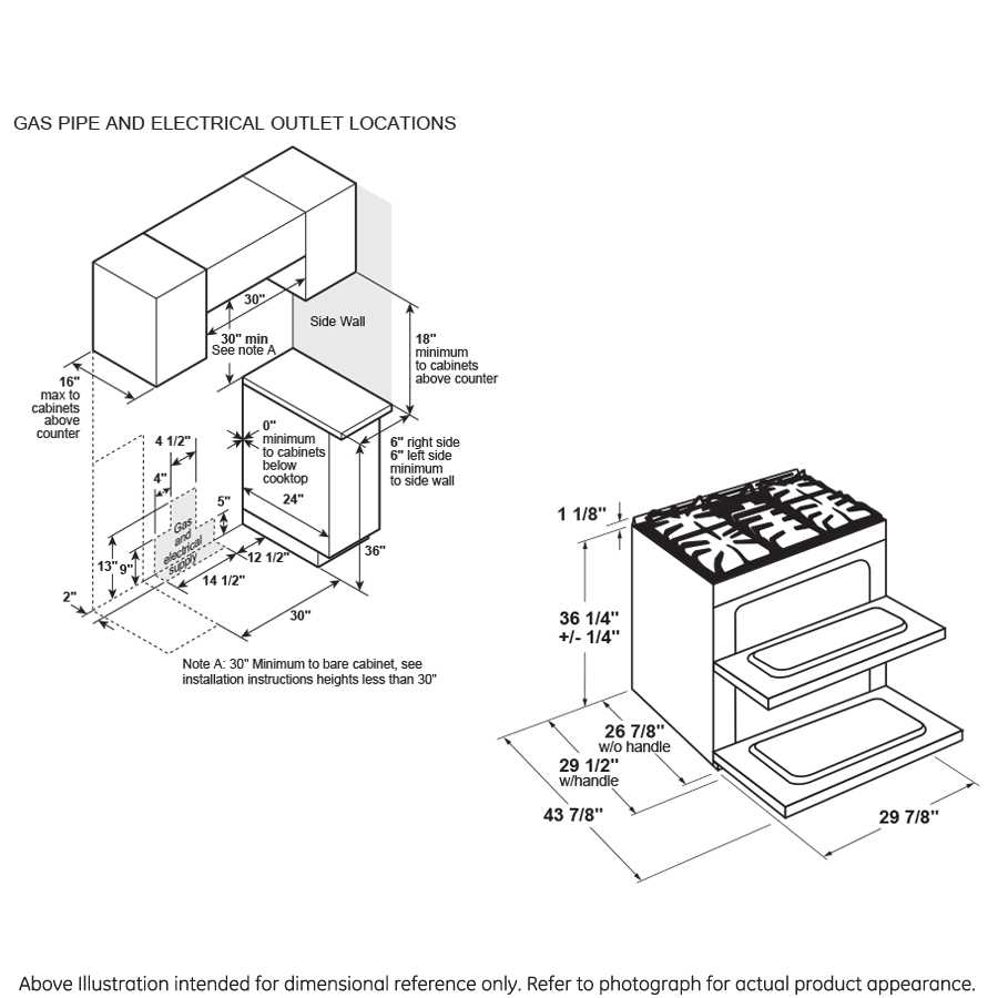 Dimension diagram for a fingerprint resistant gas slide-in double oven range with electrical and gas outlet placements