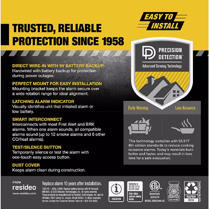Yellow and black label detailing ionization smoke and carbon monoxide alarm features for home safety and easy installation