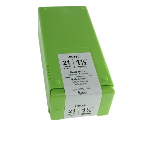 Green plastic box containing 5,000 galvanized 21-gauge 1-1/2 inch brad nails for home improvement and hardware use