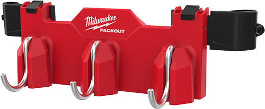 Red Milwaukee PACKOUT™ 3-hook attachment for enhanced tool and accessory storage in workshop and garage settings