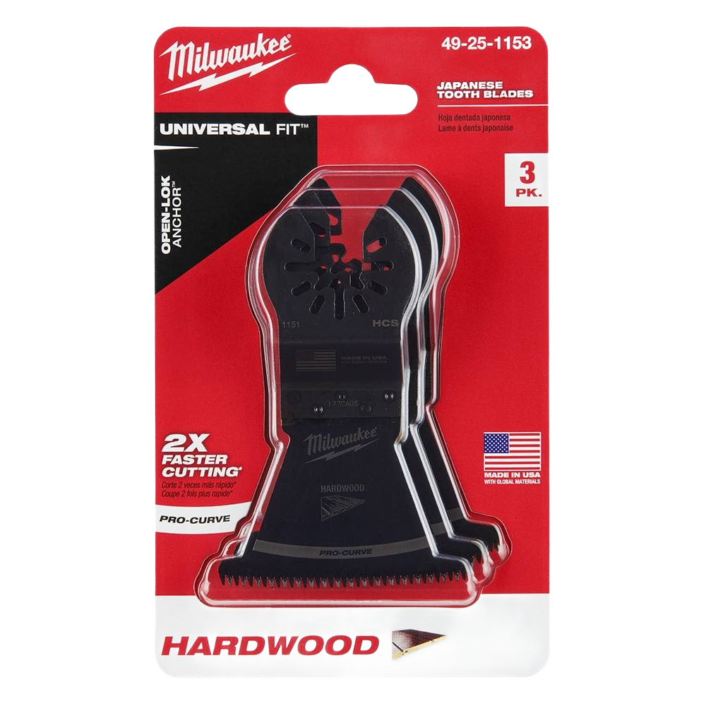 Set of three Milwaukee black high carbon steel Japanese tooth blades for hardwood cutting in woodworking tool accessories collection