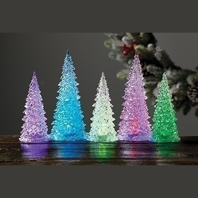 Set of five multicolor light-up decorative trees with textured surfaces for seasonal home decor accents