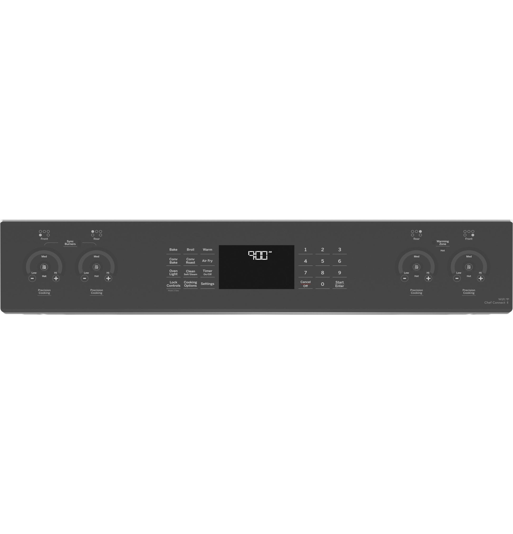 Control panel of a modern induction and convection range with touch screen and rotary knobs in dark finish