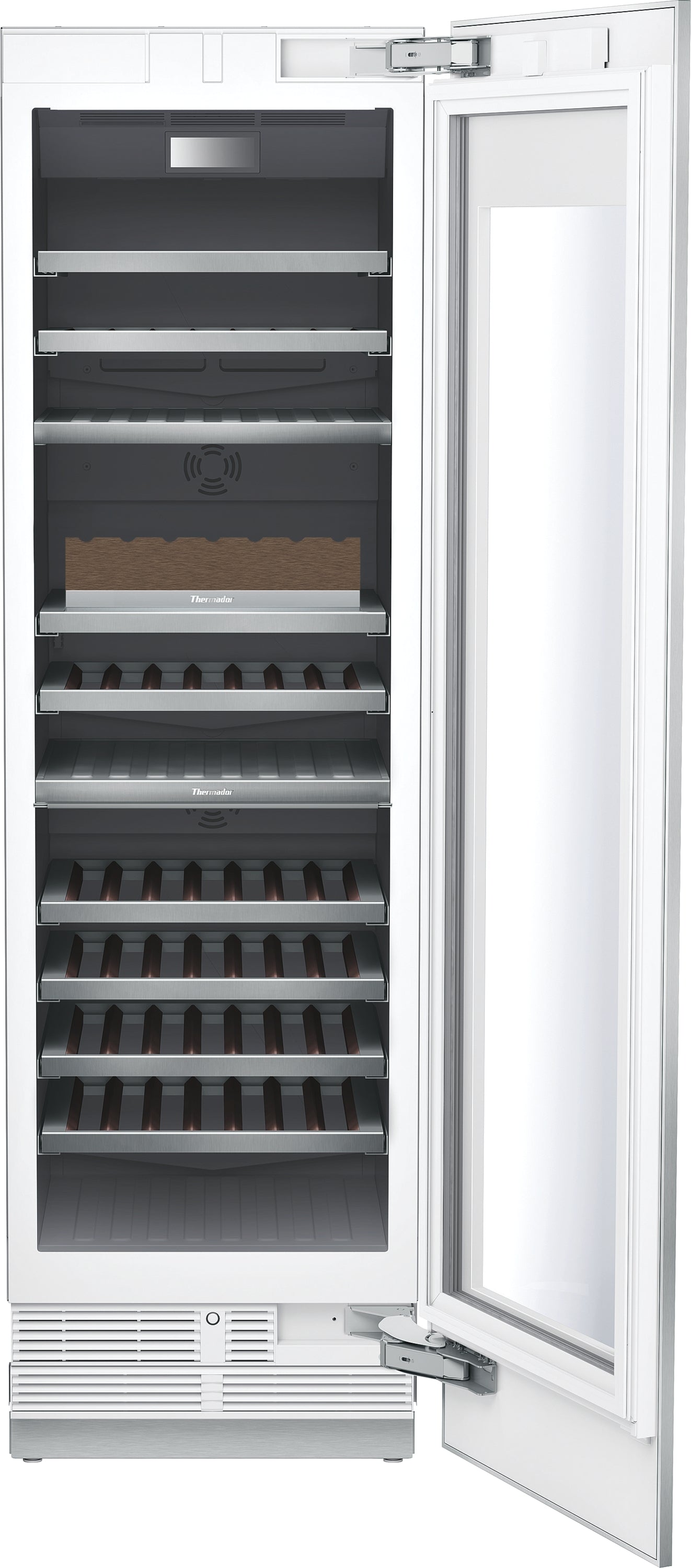 Built-in 24-inch panel-ready wine cooler with glass door and multiple adjustable shelves in Appliances collection