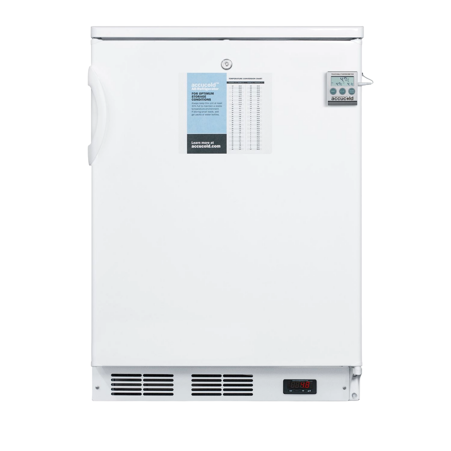 Compact white freestanding refrigerator with keyed lock and digital temperature control, suitable for kitchen and appliances use