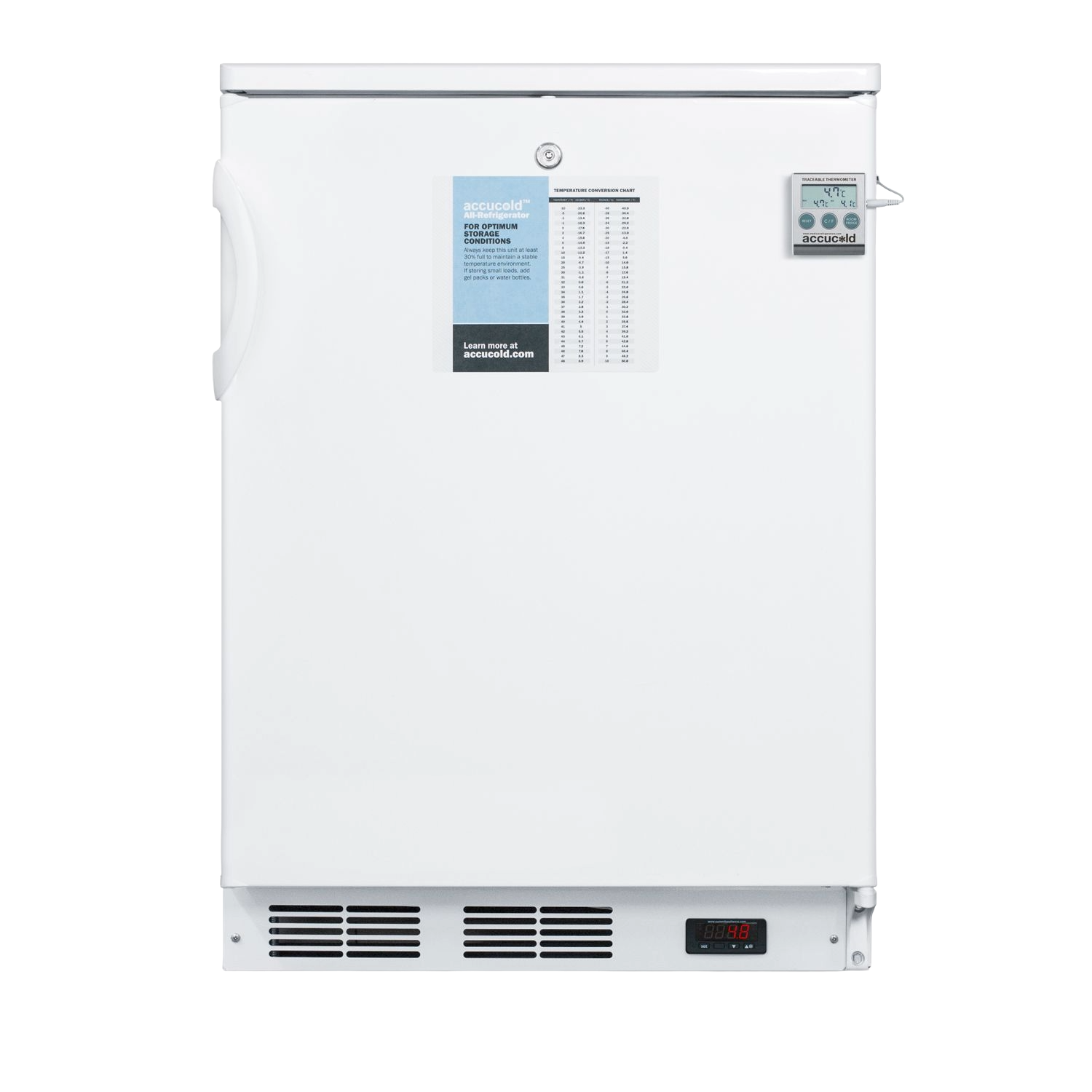 Compact white freestanding refrigerator with keyed lock and digital temperature control, suitable for kitchen and appliances use