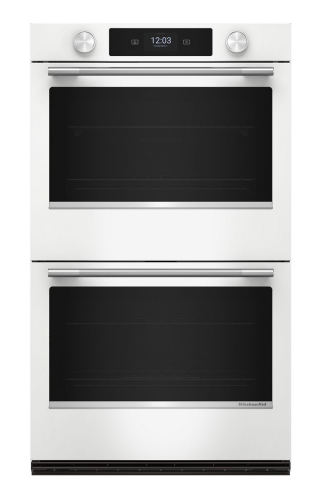 White smart electric double wall oven with LED touchscreen, backlit knobs, and convection cooking for KitchenAid appliances collection