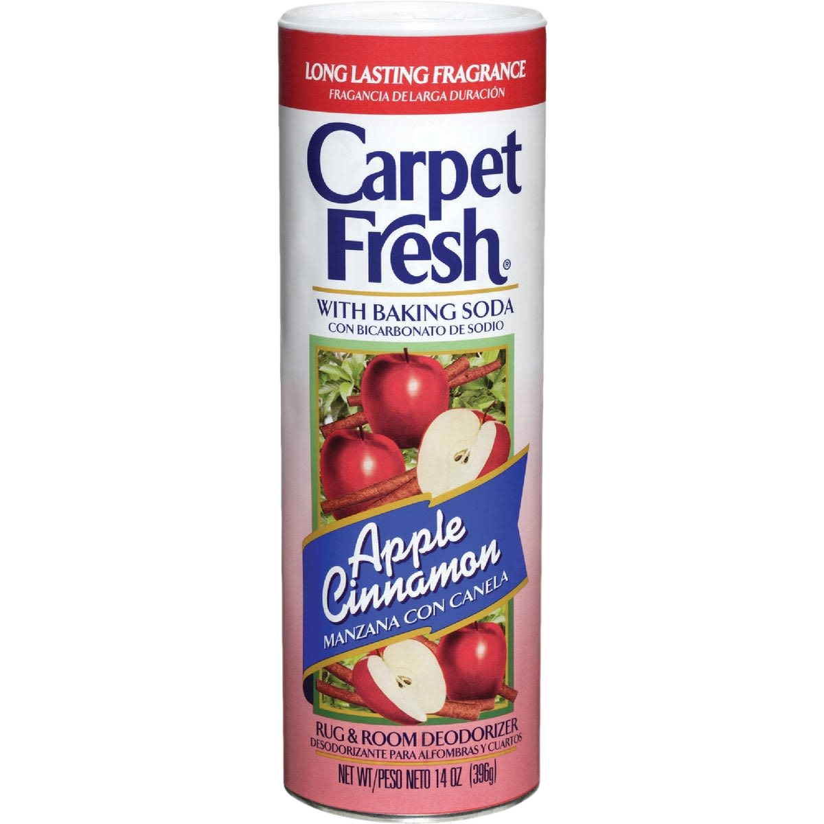 Tall cylindrical container of Apple Cinnamon carpet and room deodorizer with baking soda for floor cleaning product collections