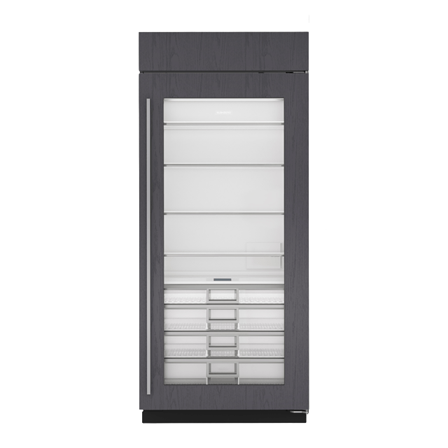 Tall refrigerator with a glass door, left-hinged, featuring multiple clear shelves in kitchen and appliances collection