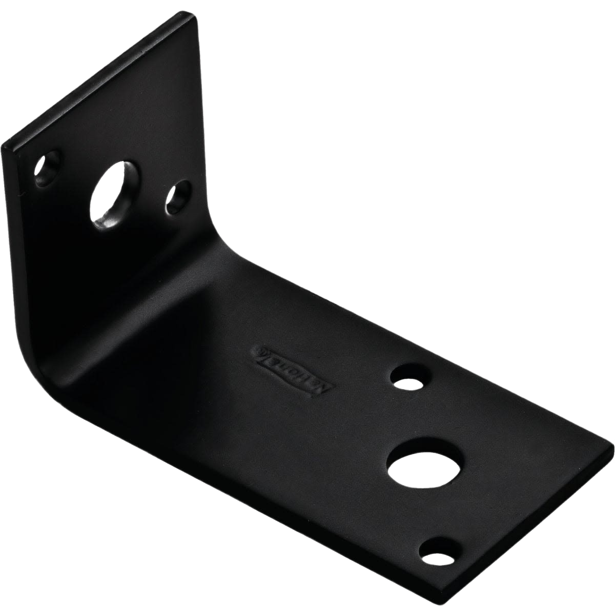 Black heavy-duty offset leg corner brace with multiple mounting holes for reinforcement in building hardware and lumber materials