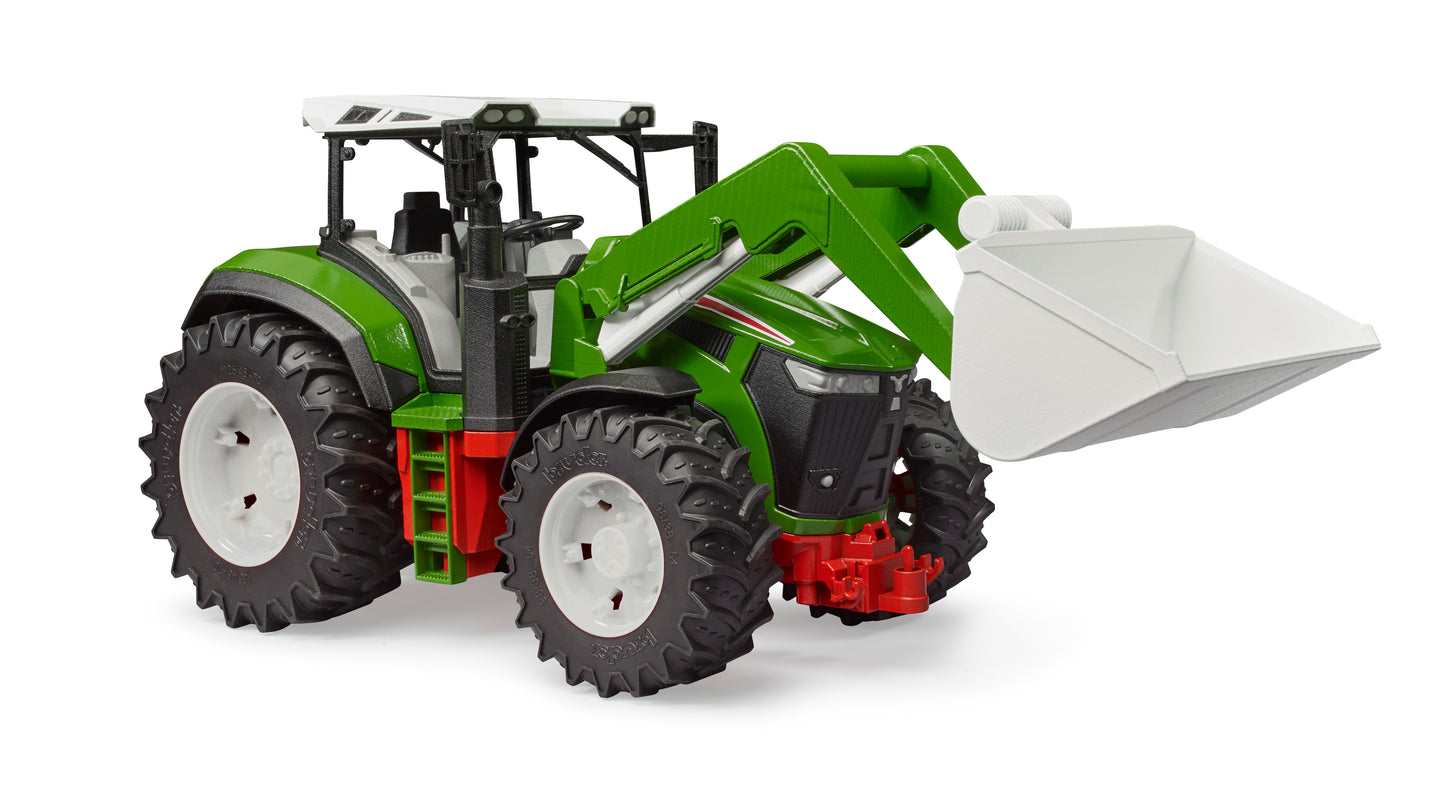 Green and red toy tractor with white frontloader bucket designed for imaginative play and home improvement themes