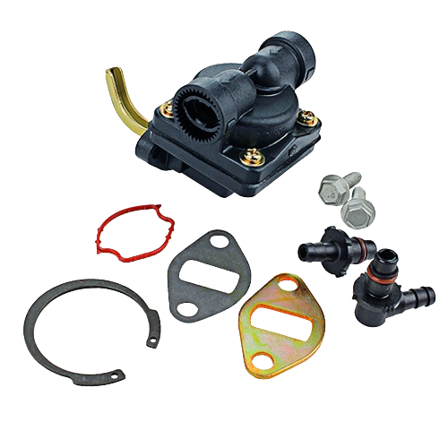 Black fuel pump with fitting kit components including gaskets, bolts, and connectors for automotive repair tools collection