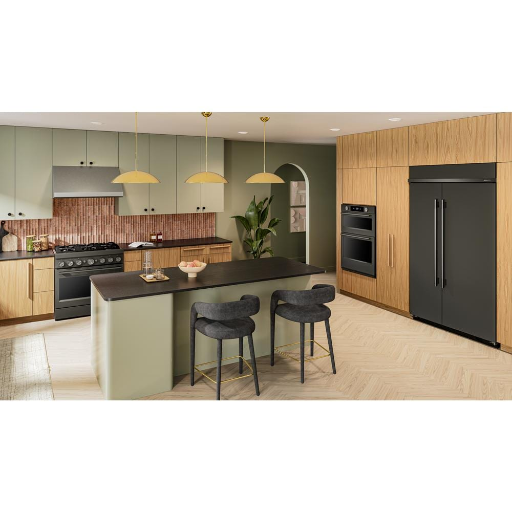 Contemporary kitchen with black ore combo wall oven, side-by-side refrigerator, gas range, green cabinets, and wood paneling