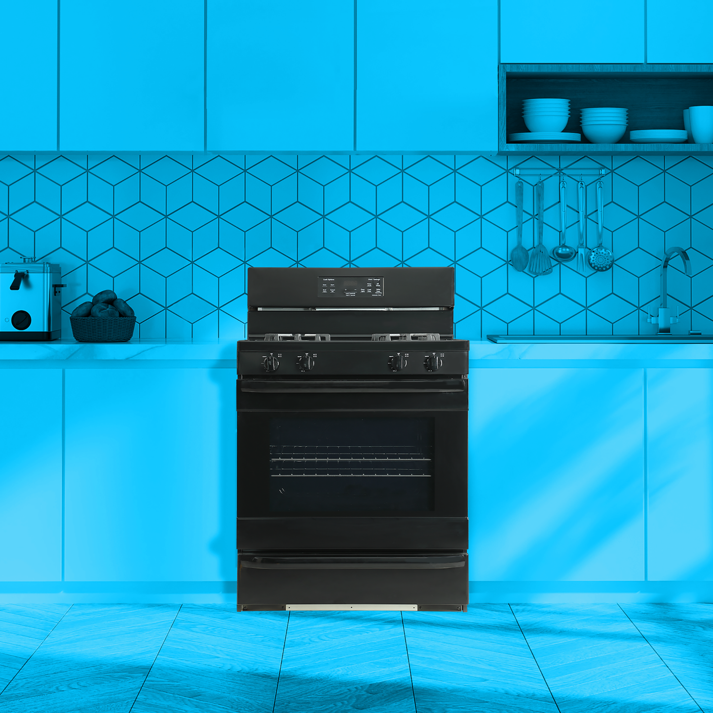 black 30-inch gas range with digital control panel, four burners, and spacious oven in modern kitchen setting
