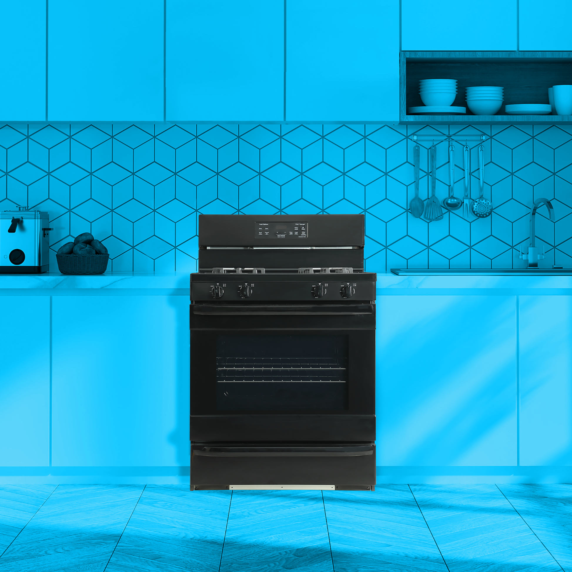 black 30-inch gas range with digital control panel, four burners, and spacious oven in modern kitchen setting