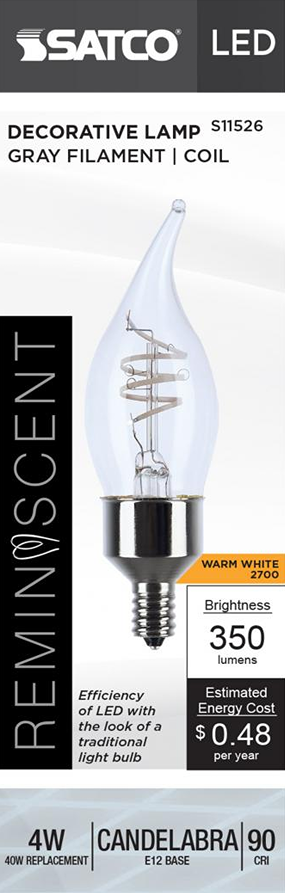 Clear flame-shaped LED bulb with gray coil filament and candelabra E12 base emitting warm white 2700K light under $50 collections