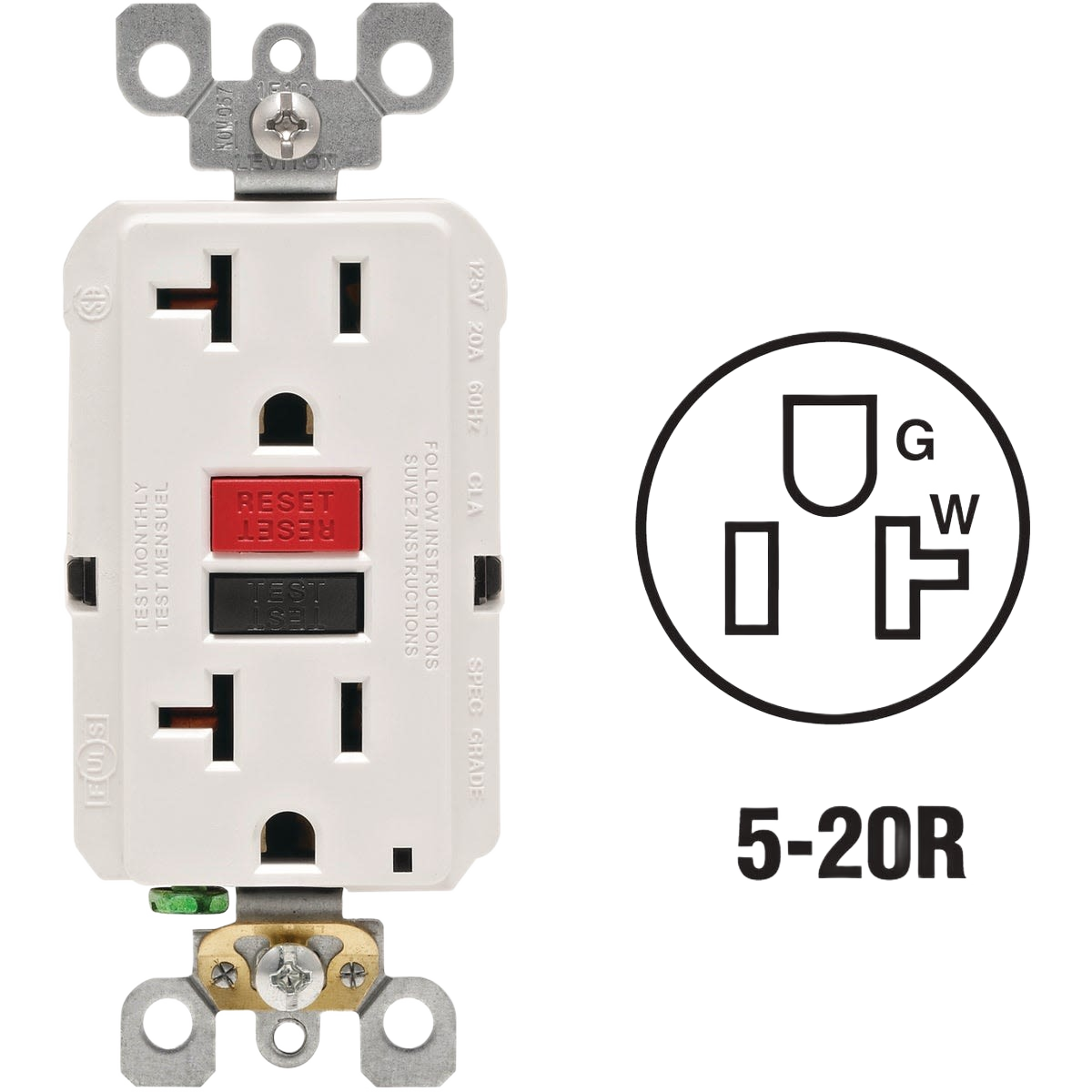White commercial grade 20 amp GFCI outlet with reset and test buttons for home improvement and electrical safety