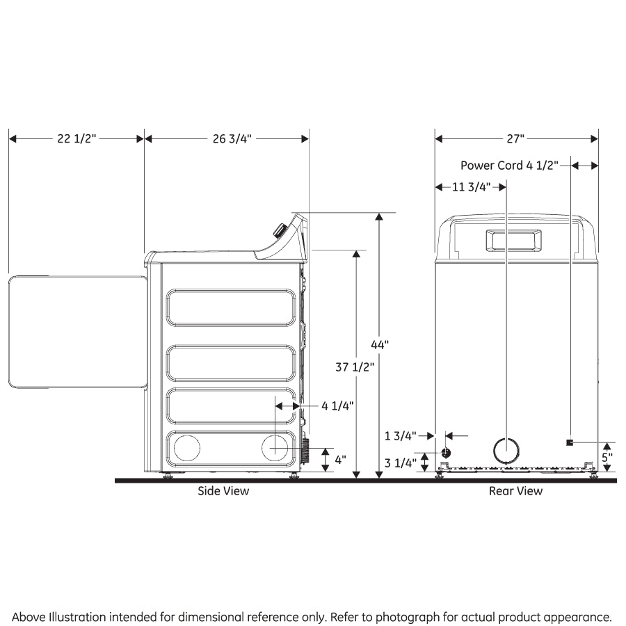 Technical line drawing of a gas dryer showing detailed side and rear measurements for installation and home improvement.