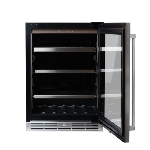 24-inch stainless steel under counter beverage center with glass door, adjustable shelves in kitchen appliances collection