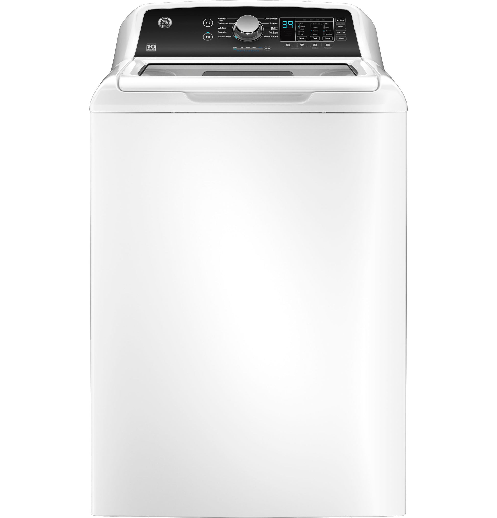 White top-load washer with digital control panel and knob, featured in Washers and Appliances collections