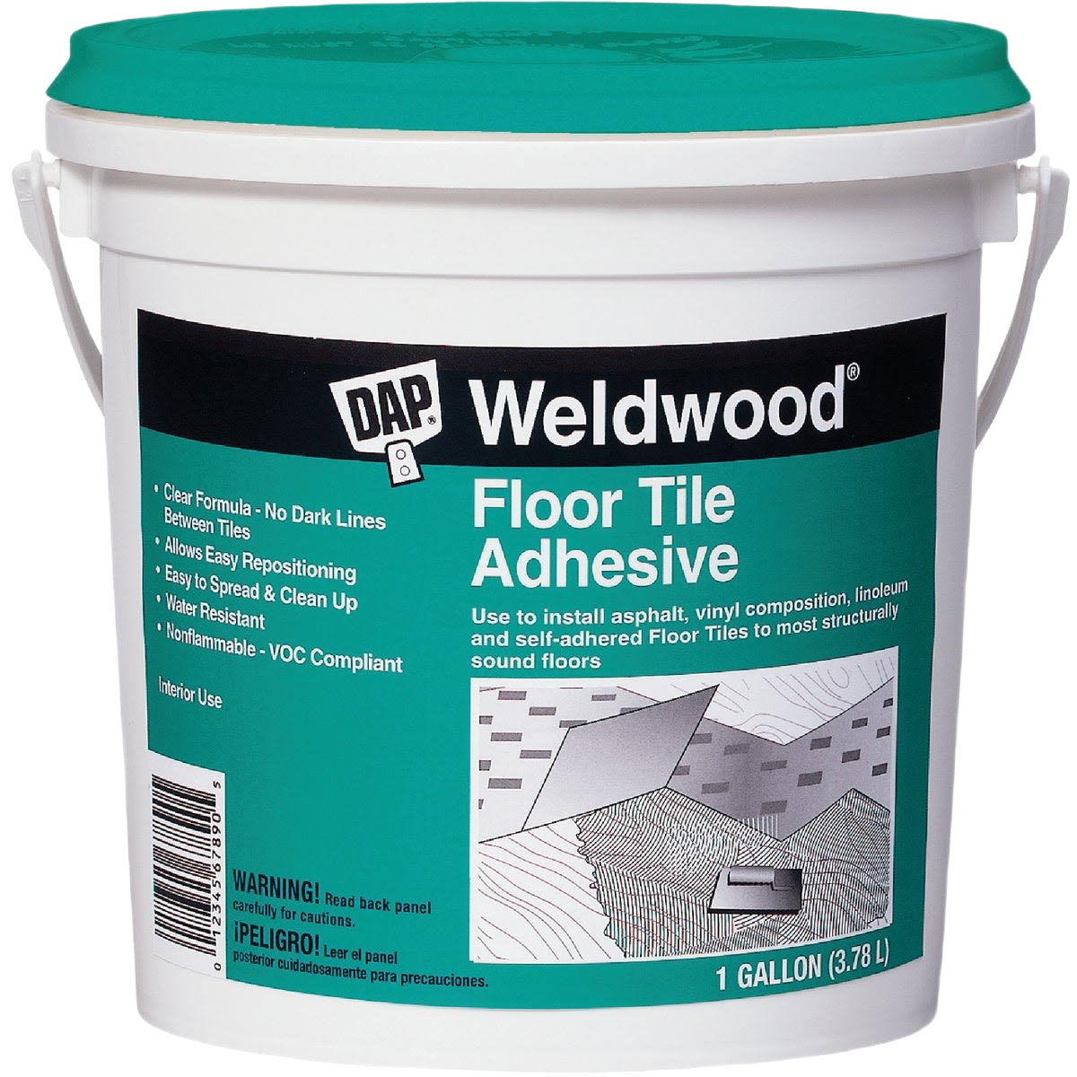 White plastic 1-gallon tub of DAP Weldwood floor tile adhesive with teal label for home improvement use