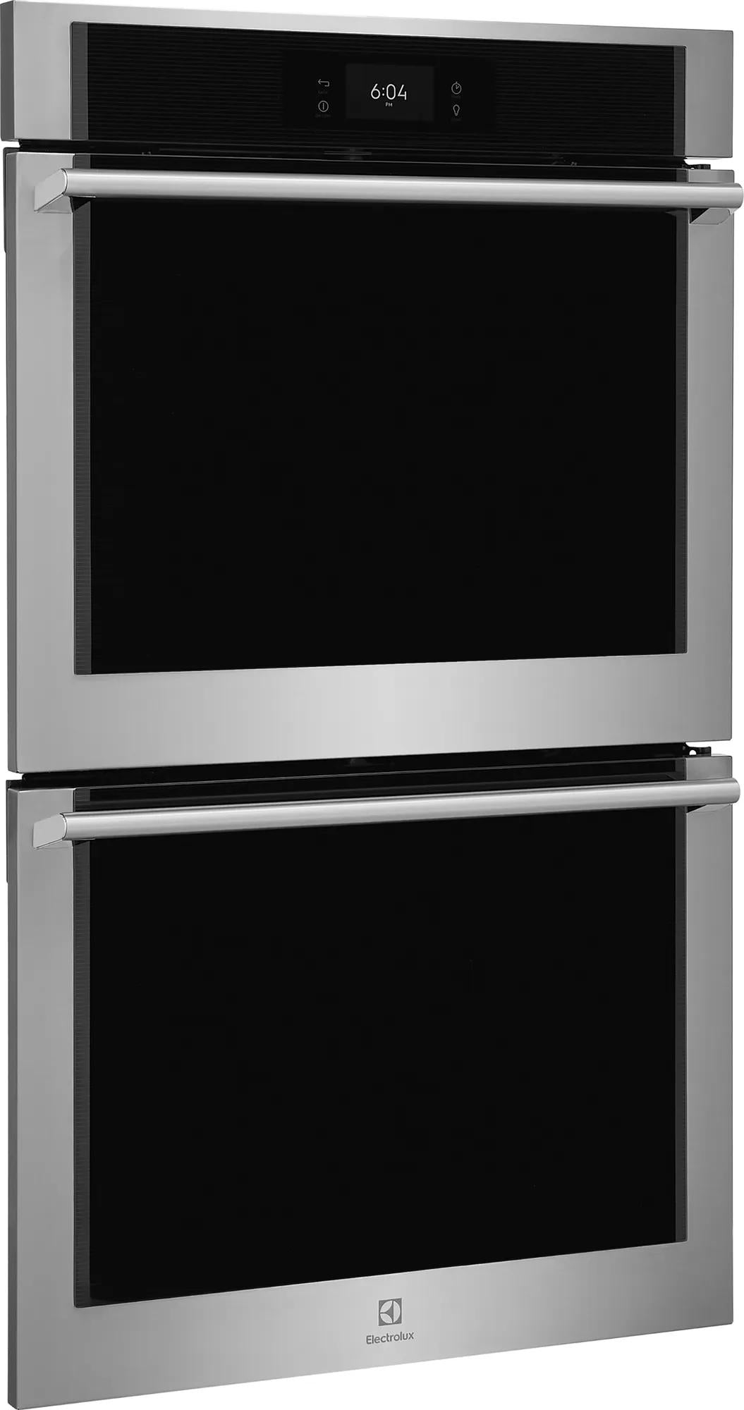 Stainless steel electric double wall oven with digital control panel and sleek handles from kitchen appliances collection