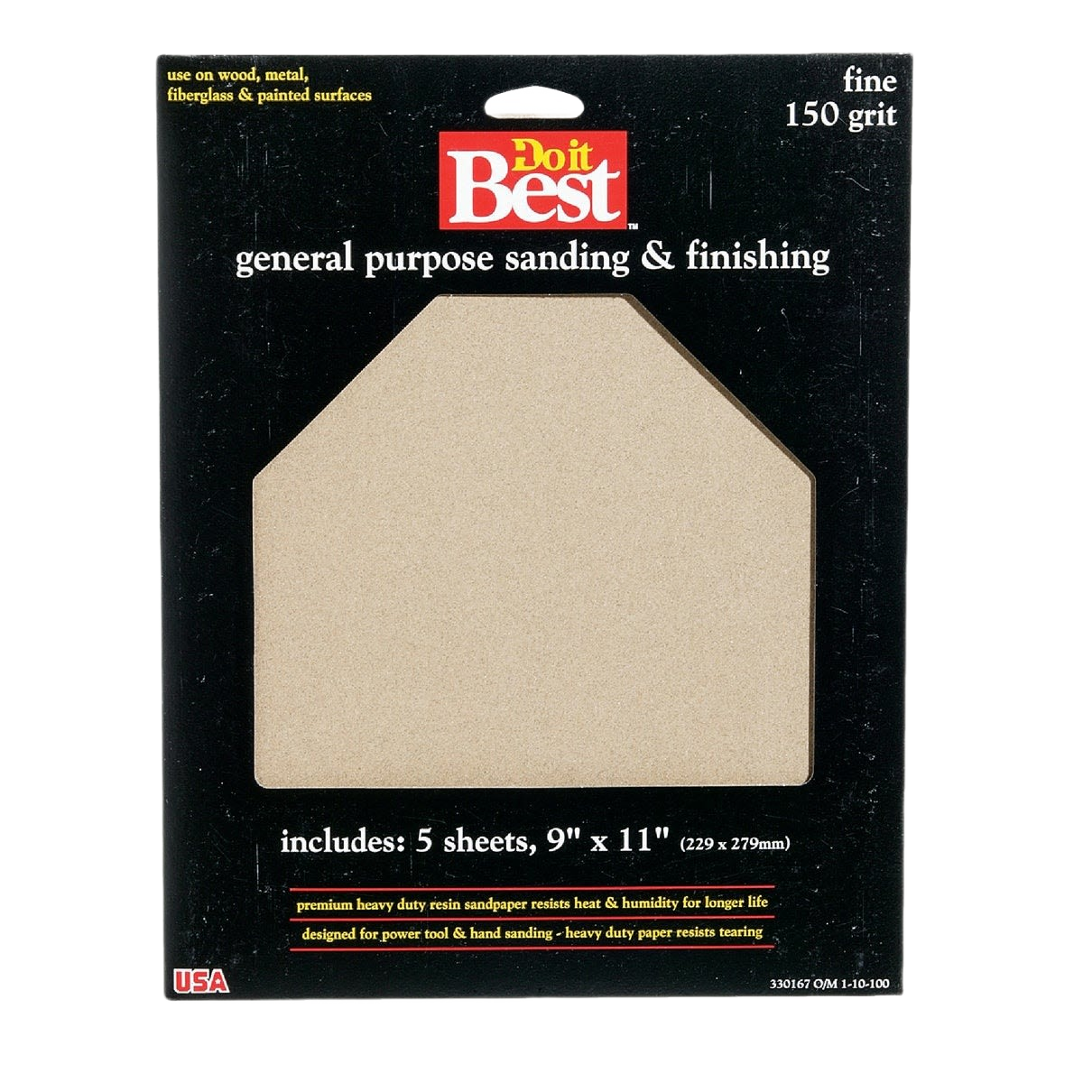 General purpose fine sandpaper sheets in black packaging for wood, metal, and painted surface sanding projects