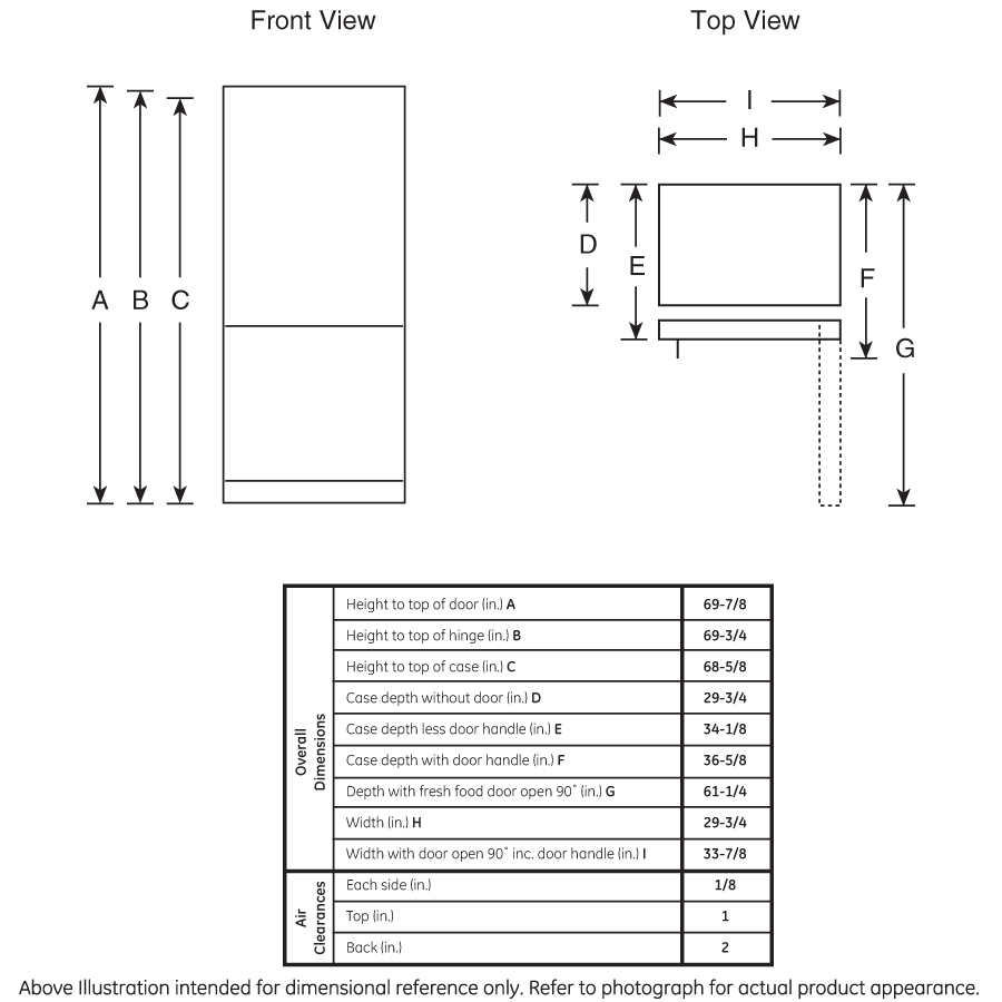 Dimensional diagram showing height, width, and depth measurements of a bottom freezer refrigerator for kitchen appliances.