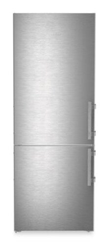 Freestanding stainless steel refrigerator with bottom freezer and vertical handles in Appliances collection