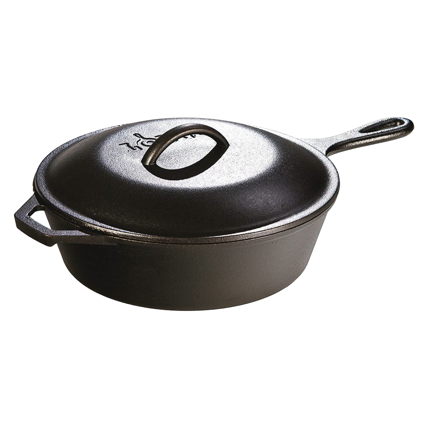 Black cast iron skillet with matching lid featuring a loop handle for kitchen use in Lodge Cast Iron and Kitchenware collections under $100