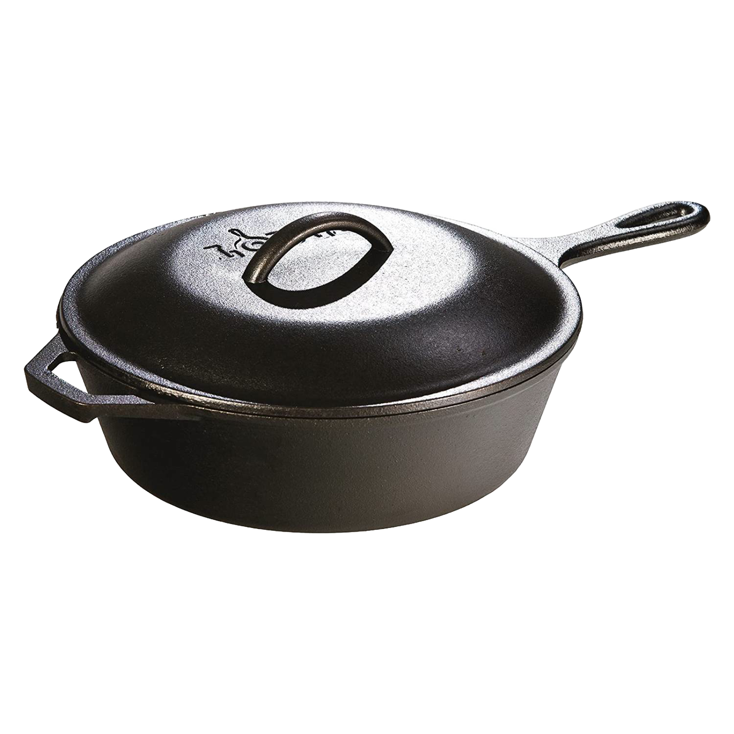 Black cast iron skillet with matching lid featuring a loop handle for kitchen use in Lodge Cast Iron and Kitchenware collections under $100
